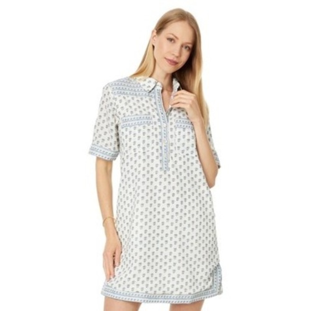 Faherty Rae Linen Blend Shirtdress‎ Mini Women Blue White Block Print XS